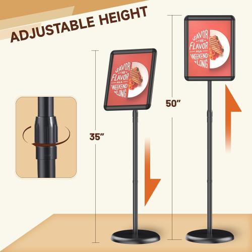Adjustable Pedestal Floor Stand Sign Holder for 8.5*11 inches Poster or chalk board, Snap open frame,360° Rotation,Outdoor Indoor Standing Display Sign Holders for advertising ,Black