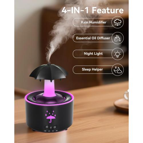 3-in-1 Rain Drop Humidifier & Essential Oil Diffuser with 360 Ratation Waterfall/Whisper Rain Sound/Cool Mist/ 7 Mood Lights, Umbrella Design Humidifiers for Bedroom Home Living Room (Black)