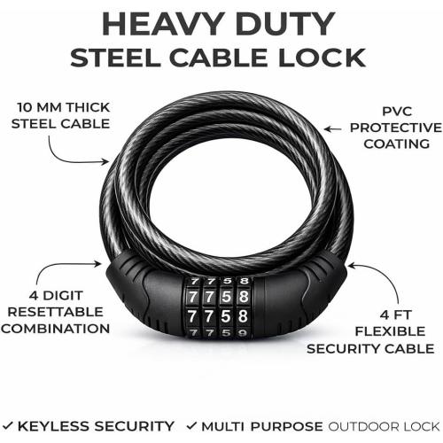 2 Pack Bike Lock Cable 4 Ft Resettable Combination Bicycle Lock 10mm Steel for Bikes Scooters Gates Outdoor Use Black
