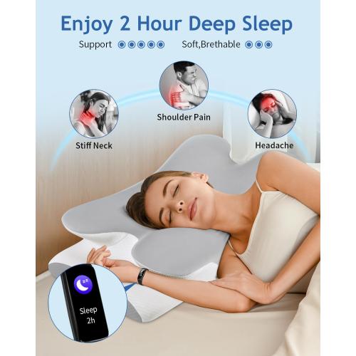Grey and White Cervical Neck Pillow for Neck Shoulder Pain Relief, Soft Contour Side Sleeper Pillow of 2 Heights, Odorless Q-max Cooling Memory Foam Orthopedic Bed Pillow for Back Stomach Sleeper