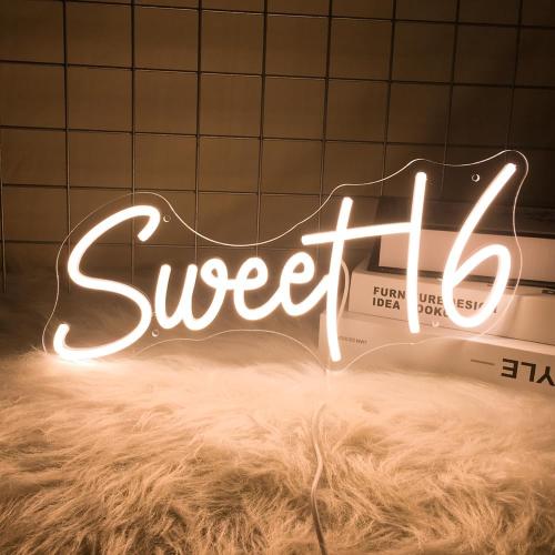 16.8 Inch Sweet 16 Neon Sign, USB Powered with Dimmer Switch 16th Birthday Party Sign, Sweet Sixteen Party Supplies, Happy 16th Birthday Decorations for Girls (Warm white)