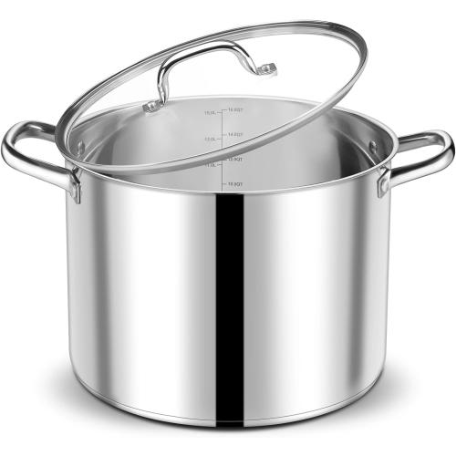 Silver 16QT P&P CHEF Stock Pot with Lid, Stainless Steel Large Cooking Pot, Soup Canning Stockpot for Stewing Simmering, Tri-ply Bottom for All Stoves, Heavy-Duty &Dishwasher Safe & Food-Grade