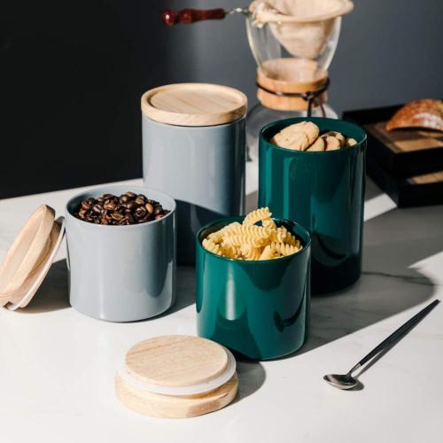 Sweejar Kitchen Canisters Ceramic Food Storage Jar, Stackable Containers with Airtight Seal Wooden Lid for Serving Ground Coffee, Tea, Sugar, Salt and More - Gray