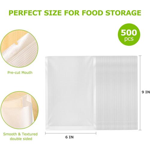 Bonsenkitchen Precut Vacuum Sealer Bags, 500 Pint 6 x 9 Food Sealer Bags | Commercial Grade, Heavy Duty, Customized Size Vacuum Bags for Vac Storage, Meal Prep or Sous Vide Cooking
