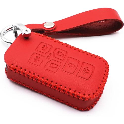 Leather for 2019 2018 2017 2016 2015 2014 2013 2012 2011 Toyota Sienna HYQ14ADR Smart 6 Buttons Key Case Fob Cover Chain (Red)