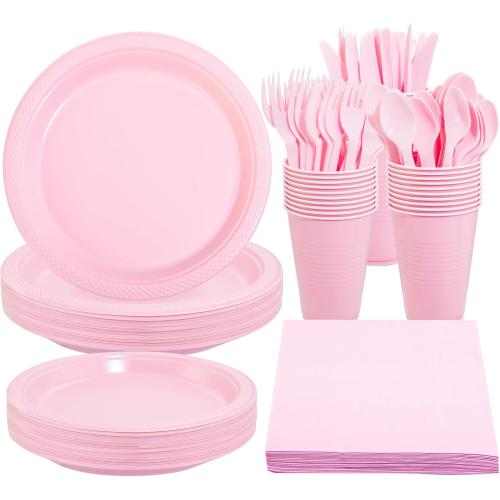 Set of 210 Color Pink WELLIFE 210 Pieces Pink Party Supplies, Disposable Dinnerware Set, Including Pink Plastic Plates, 16OZ Cups, Plastic Cutlery and Napkins Serve 30 Guests for Party