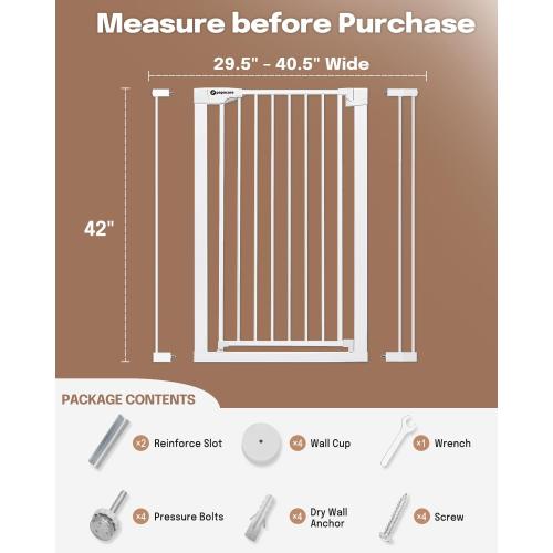 White 42 Extra Tall Baby Gate for Stairs and Doorways, Fits Openings 29.5-40.5 Wide, Auto-Close, Pressure-Mounted Pet and Dog Gates, Secure Your Home While Keeping Your Little Ones Safe，White