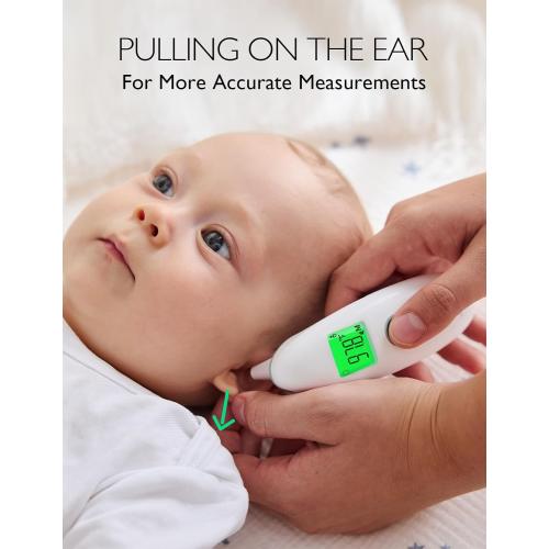 White Momcozy Non-Contact Forehead and Ear Thermometer, Digital Infrared Thermometer for Adults and Children, with Child Mode, Fever Alarm Function, Mute and Memory Functions, Fast and Accurate Measurement