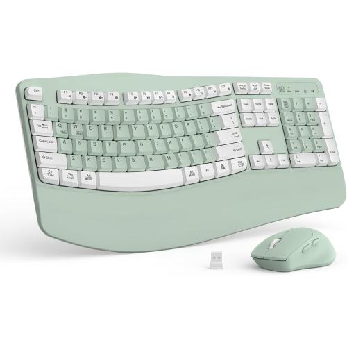 Wireless Keyboard and Mouse Combo,2.4G Full Size Wave Keys Ergonomic Keyboard with Wrist Rest for Natural Typing, 3 DPI Adjustable Ergonomic Mouse for Computer/Laptop/Windows/Mac (Avocado Green-A)