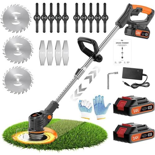 Weed Wacker 24V Eater Battery Brush Cutter, Electric Eater Battery Cordless stringles with 2 Batteries, 1 Charger, 3 Types Blades, Weed Wacker Battery Powered, Lightweight Battery Electric Weed