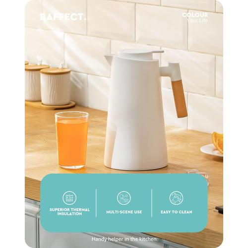 White 1L Baffect Thermal Carafe, 34oz Thermal Vacuum Carafe with Glass Liner and Wood Handle Insulated Coffee Carafe for Coffee Tea Hot or Cold Drinks(1 Liter, White)