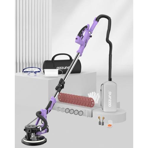 Drywall Sander with Vacuum Dust Collector, AZZUNO 12A Popcorn Ceiling Removal Tool, Electric Drywall Tools with 5 Variable Speeds (800-1900RPM), 12pcs Sanding Discs (Purple)