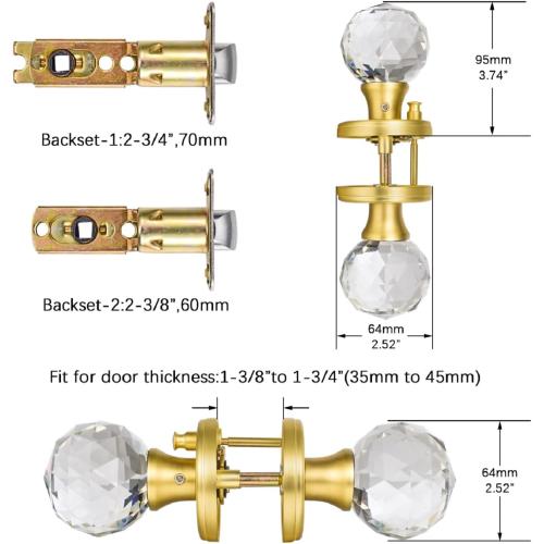 Crystal Glass Door Knobs Interior with Lock, Privacy Bathroom Bedroom Door Knobs Gold Door Knob, Satin Brass