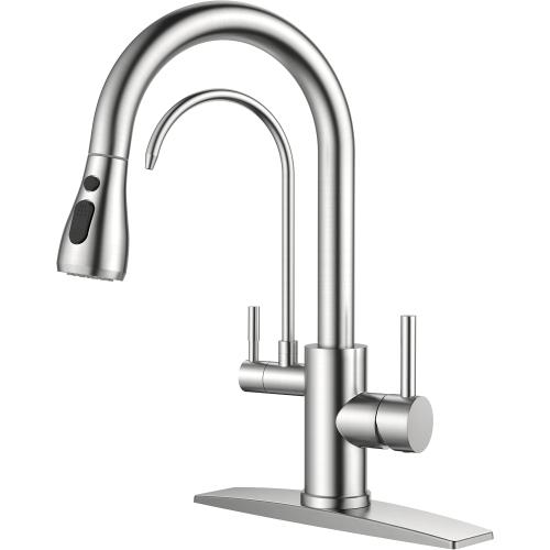 FORIOUS Kitchen Faucets with Water Filter, 2 in 1 Stainless Steel Pull Down Sink Faucet and Purified Water Faucet Rustic High Arc Single Handle with Detachable Deck for 1 or 3 Hole, Brushed Nickel‼️missing small O-ring‼️