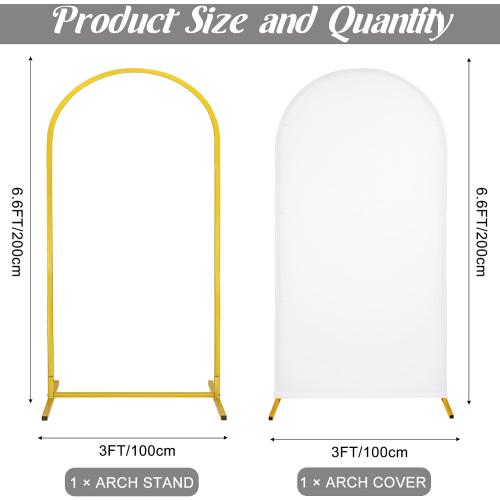 Metal Arch Stand and Cover Set,1 White Spandex Fitted Backdrop with 1 Gold Wedding Arched Stand Frame for Parties Birthday Baby Shower Bridal Banquet Decoration (6.6FT)