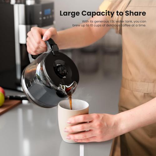 10-Cup Drip Coffee Maker with Built-in Grinder, Programmable Grind & Brew, 220g Bean Hopper, Adjustable Grind Size & Coffee Strength, Descaling Alert, 24H Timer, 2H Keep Warm, LED Touchscreen