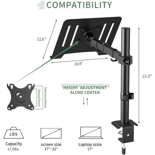 Laptop Desk Mount, Single Laptop Stand Arm with Vented Tray for 17 inch Notebook or 14”-32” Monitor, Holds up to 17.6 lbs, Fully Adjustable, Clamp/Grommet Mounting, VESA 75/100mm