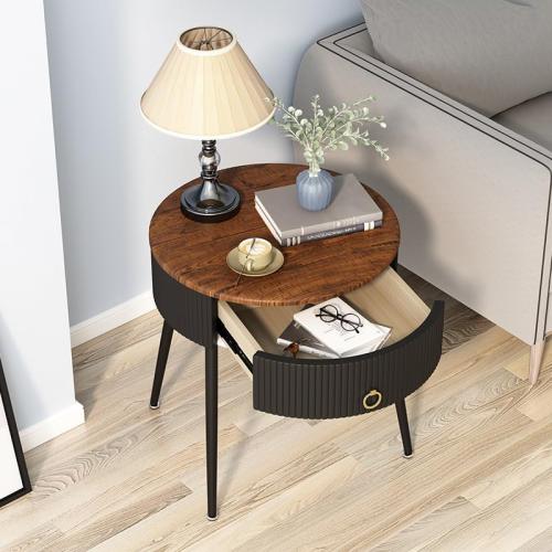 OIOG Side Tables Set of 2, Round Nightstand with Drawer, Modern Bedside End Tables for Small Space, Living Room, Bedroom, Office, Dorm, Rustic Brown and Black