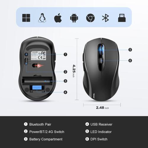 UNTESTED TECKNET Bluetooth Mouse, 2-in-1(BT 5.0/3.0 2.4Ghz) 4000DPI Wireless Mice with USB Connect Available for Laptop Computer, Portable PC Mouse Bluetooth for Mac (USB-A BT Wireless Connect, Black)