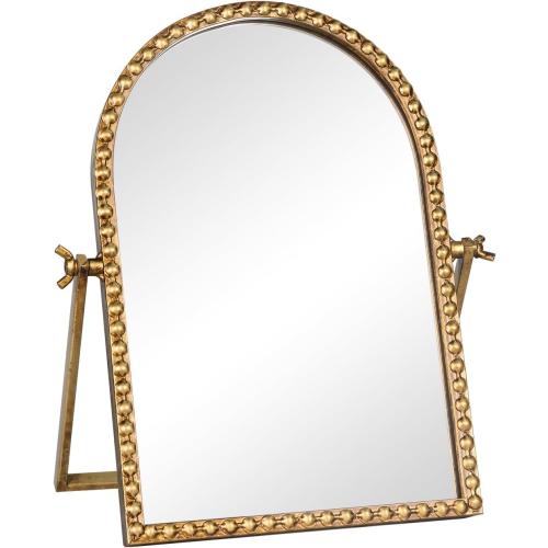 Vintage Desk Makeup Mirror, 11.8 L x 7.9 W Antique Gold Vanity Table Mirror, Metal Framed Arched Small Standing Mirrors with Beaded, 360 Adjustable Rotation for Tabletop, Bedroom