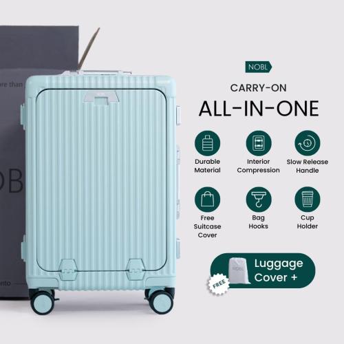 Nobl Travel Carry On Luggage, Noble Zipperless Aluminum Frame PC Hard Shell Suitcase, 23.5x15.5x10 Airline Approved, 360° Spinner Wheels, TSA Locks, USB Charging Port, Cup & Phone Holder - Baby Blue