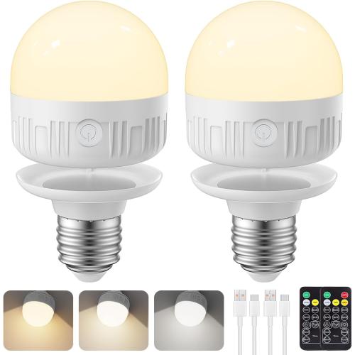 SCOPOW 2Packs E26 Rechargeable Light Bulbs with Remote Control, 5W 350lm Magnetically Battery Operated Light Bulbs 2000mAh, 3 Color Temperature, Timer, Dimmer for Non-Hardwired Lamp