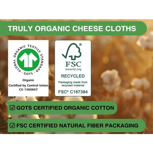 Organic Cheese Cloths, GOTS Certified, Grade 100, 36x36Inch, Reusable Cheese Cloth with Closed Edges Fabric Fine Mesh Cloth, Unbleached Cotton Muslin Cheesecloth for Straining,Cooking,Crafts - 9 Sq.Ft