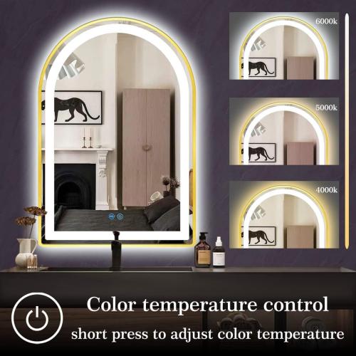 24 x 32 Inch Gold Arch LED Lighted Vanity Mirror for Bathroom Wall Makeup Desk Table Gold Arched Mirror with Lights AntiFog 3 Color Dimmable Bathroom 32in Gold Arched Smart Light up Mirror