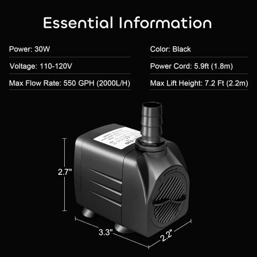 GROWNEER 550GPH Submersible Pump 30W Fountain Water Pump, 2000L/H, with 7.2ft High Lift, 3 Nozzles for Aquarium, Fish Tank, Pond, Hydroponics, Statuary