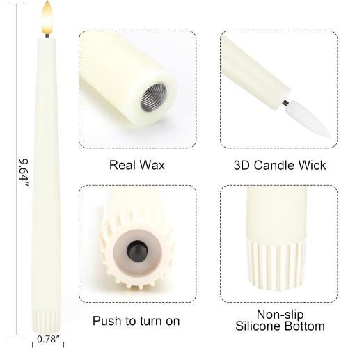 Flameless Taper Candles with 3D Wick, 9.6 Real Wax LED Candles with Remote and Timer, 3 Pack Flickering Candlesticks Battery Operated, Classic Tall Taper Candles for Home, Wedding, Party, Ivory