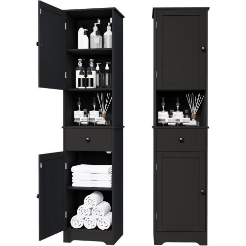 Black Tall Bathroom Cabinet, Storage Cabinet with 2 Doors & 2Drawer, with Ajustable Shelve, for Bathrooms, Kitchens,Entrances,Bedrooms（Black）