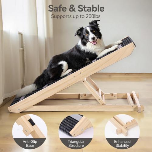 Dog Ramp for Bed, Wooden Dog Ramp for Couch with 4 Adjustable Heights, Anti-Slip Carpet & Wider Walkway, Foldable Pet Ramp for Sofa, Bed, Car, Supports Up to 200 Lbs