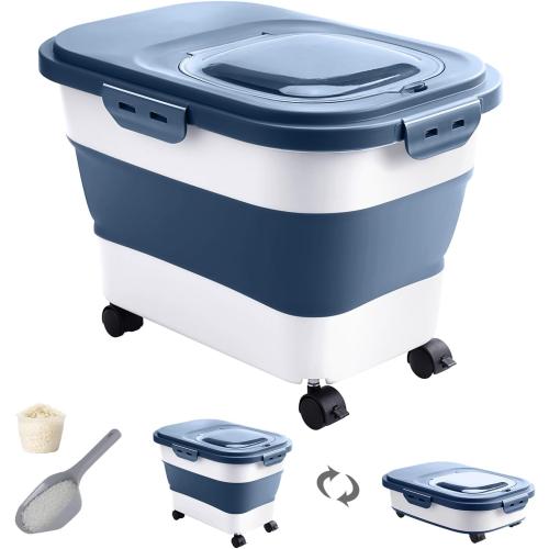 Rice Storage Container,Collapsible Food Storage Containers with Rolling Wheel Airtight Locking Lid,Flour Storage Container with Cup and Scoop,Suitable for Food,Rice,Pet Food,Flour