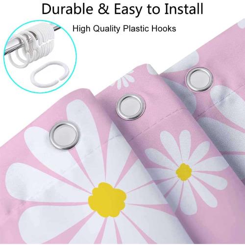 Pink Daisy Floral Shower Curtain, Cute Boho White and Pink Groovy Retro Flower Fabric Shower Curtains Set for Girls Bathroom Decorative, Aesthetic Restroom Decor Accessories with Hooks 72X72 Inch