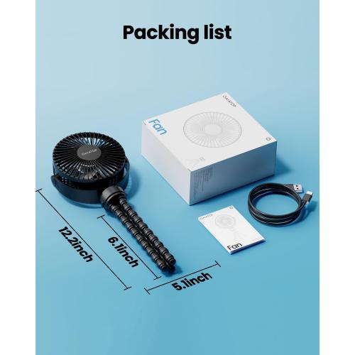 Gaiatop Mini Portable Stroller Fan, Battery Operated Small Clip on, Detachable 3 Speed Rechargeable, 360° Rotate Flexible Tripod Better Cooling for Car Seat Crib Treadmill Travel Black