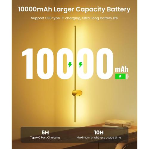 Battery Operated Wall Sconce Set of 2, 10000mAh Rechargeable Dimmable LED Wall Lamps with Remote, Modern Wireless Wall Lights for Bedroom, Living Room, Hallway, Indoor Decor, 40 Inch, Golden