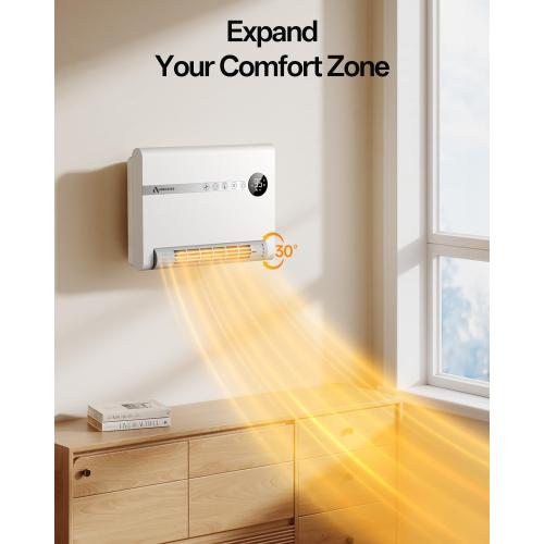 Wall Heater, Space Heater for Bedroom, 1500W PTC Fast Heating Electric Heaters for Indoor Use, 30° Oscillation, Adjustable Thermostat, 24H Timer, Remote Control, Desk or Wall Mounted Heater for Office