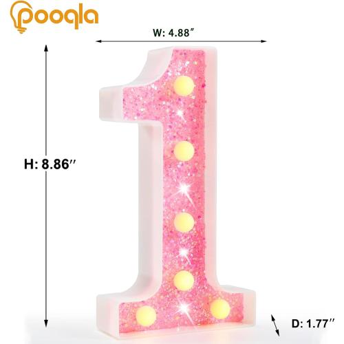 Pooqla Marquee Numbers Lights, light up Numbers Battery Powered, Glitter Lighted Numbers for Girls 1st Birthday Party, Shiny LED Numbers for Christmas Wedding Home Bar Decoration, Pink Number 1