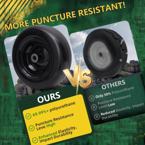 Black 11x4.00-5 Flat Free Tire and Wheel (2 Pack),Universal 11x4-5 Solid Smooth Tractor Turf Tire with Rim, 3.4 Centered Hub and 3/4 & 5/8 Bushing, For Zero Turn Mowers and Riding Lawn Mower
