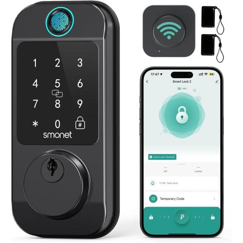 Smart Locks WiFi Deadbolt: SMONET Fingerprint Front Door Lock Keyless Entry with Keypad Electronic Digital Deadbolt Alexa Gateway Remote Control, Bluetooth APP KeyFob Code Auto-Lock for Home, Black