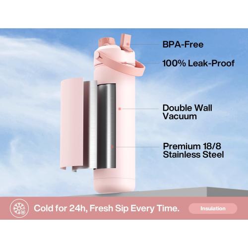 POWCAN 26 oz Insulated Water Bottle with 2-in-1 Straw and Spout Lid, Keep Cold 24H, Leak-Proof, Fits in Car Cup Holder, Stainless Steel Water Bottle for Sports, Travel, and School (Cotton Candy)