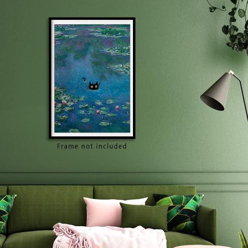 Vintage Monet Canvas Wall Art Famous Oil Paintings Monets Water Lillies Black Cat Poster Funny Cat Floral Print Abstract Farmhouse Gallery Aesthetic Room Decor for Bedroom Bathroom Unframed
