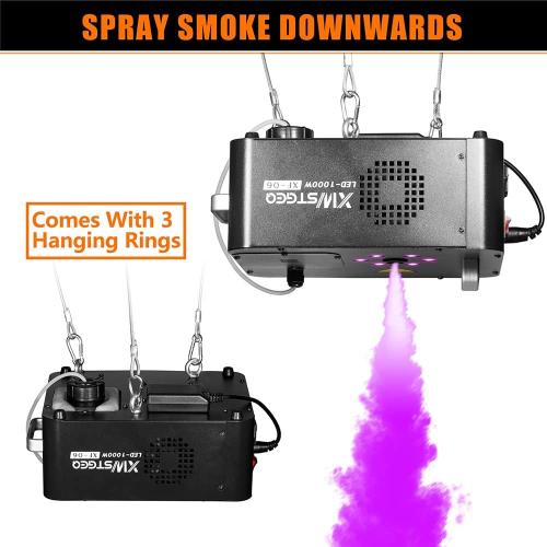 Xwstgeo Vertical Fog Machine 1000W with 6 LED Lights and Wireless Remote Control for Stage Halloween Wedding DJ Parties