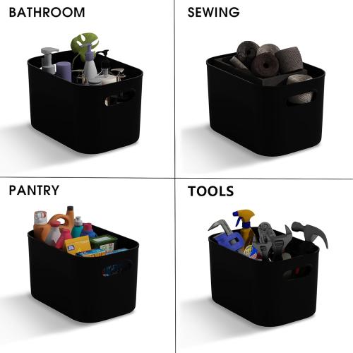 10 Pack Black Plastic Storage Bins, Storage Container for Organizing, Storage Boxes with Handle for Shelves, Cute Organizer Bins for Craft, Snacks, Pantry, Cabinet, 9.69x6.7x5.7 inch