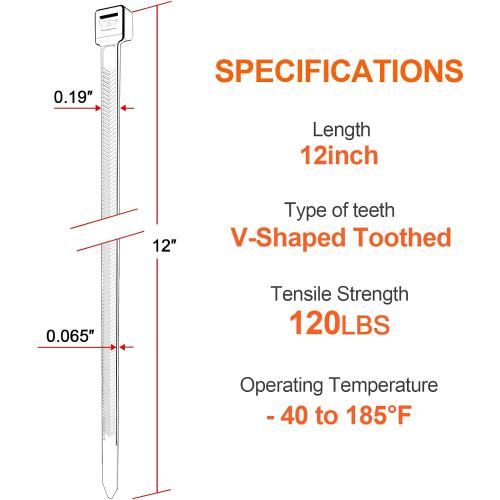 Zip Ties Heavy Duty 12 inch，V-Shaped Toothed Double Sided With 120 LBS Tensile Strength Cable Ties ，Extra Large Wire Ties Adjustable Nylon Tie Wraps for Indoor Outdoor Patented Design（100 Pack Black）
