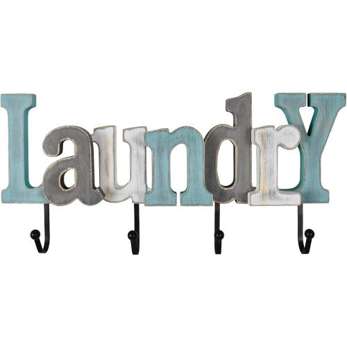 Linfevisi Wooden Laundry Sign Aqua Hanging Block Letters Sign Rustic Wood Word Decor Laundry Wall Sign Cutout Word Art Wall Decor Decorative Key Holder Hanger with 4 Hooks