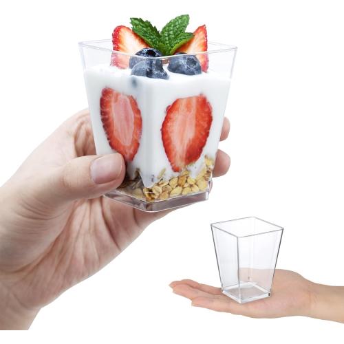 200Pack Clear SHOPDAY 5Oz-Plastic-Dessert-Cups: 200 Pack Square-Clear-Parfait-Cup-with-Spoons, Appetizer-Cup Small-Plastic-Mini-Shooter-Cups for Party Yogurt Mousse