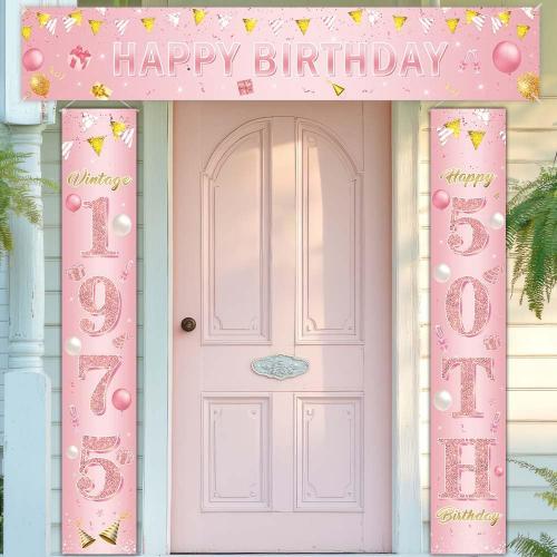 50th Birthday Party Decorations for Women, Rose Gold Vintage 1975 50th Birthday Decorations Door Banners, Fifty Years Birthday Party Supplies for Indoor Outdoor Decor