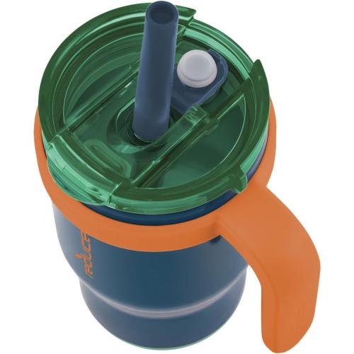 REDUCE 14 oz Coldee Tumbler with Handle for Kids - 2 Pack, Leakproof Insulated Stainless Steel Mug with Lid & Spill-Proof Straw, Keeps Drinks Cold up to 18 Hrs, Grey and Navy