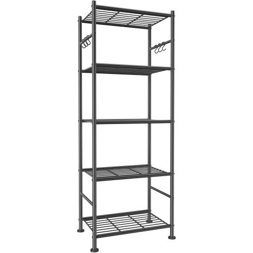 Sakugi Storage Shelves - 5-Tier Large Capacity Shelf Organizer with Hooks, Heavy-Duty Garage Shelving with Leveling Feet, Wobble-Free Rack for Bedroom, Balcony, Garage, Black